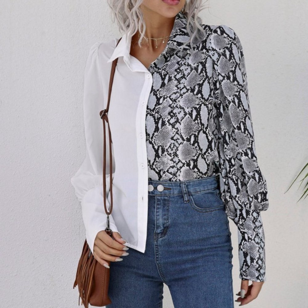 Snakeskin Print Button Through Bishop Sleeve Blous - Picture 2 of 6